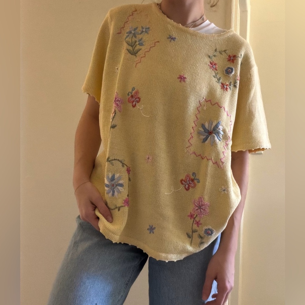 Yellow Floral Embroidered Short-Sleeve Knit Top